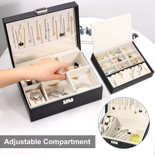 Vista 2 de SIMBOOM Joyero para mujeres y niñas, organizador de joyas de 2 capas con cerradura, estuche de almacenamiento de joyas con bandeja extraíble