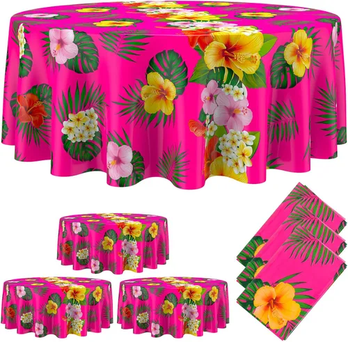 Vista 8 de Oudain Mantel hawaiano de 3 piezas de 84 pulgadas con hojas de palmera tropicales, flores redondas, de plástico, desechable, circular, impermeable