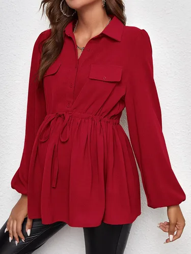 Vista 4 de MakeMeChic Camisas de maternidad para mujer, casual, manga farol, con botones, blusa con cinturón
