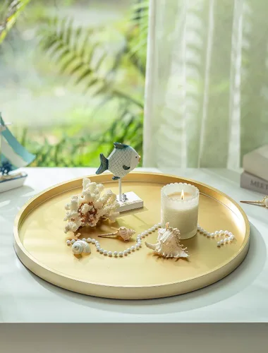 Vista 6 de Hanobe Bandeja otomana grande para servir: bandejas decorativas redondas doradas de 18 pulgadas para mesa de centro de mesa de centro de madera