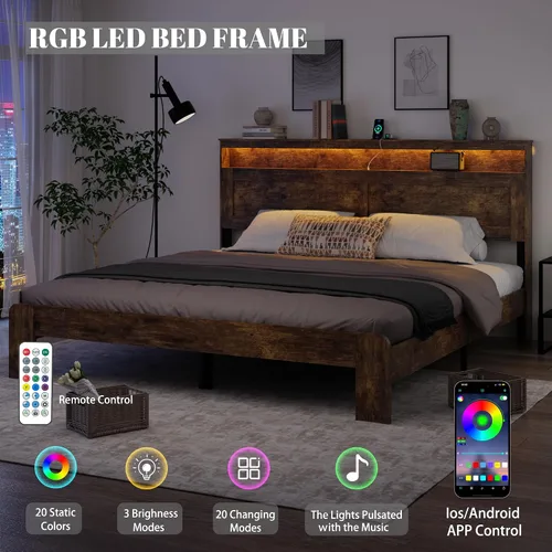 Vista 11 de Armazón de cama de madera tamaño King con cabecero - Plataforma de cama rústica estilo granja con soporte de listones de metal, resistente y sin