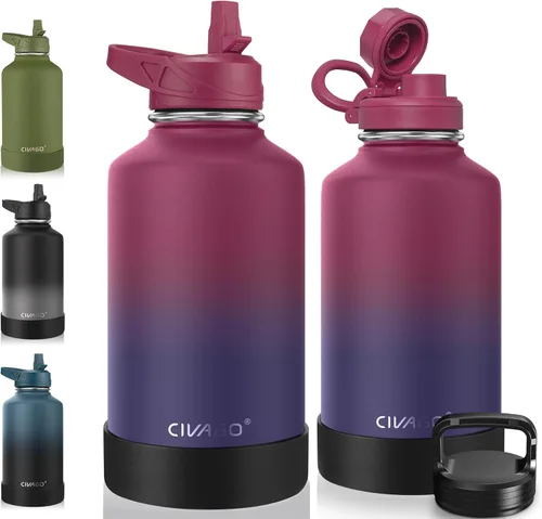 Vista 57 de CIVAGO Botella de agua aislada de 22 onzas con pajita, frasco de agua deportiva de acero inoxidable con 3 tapas