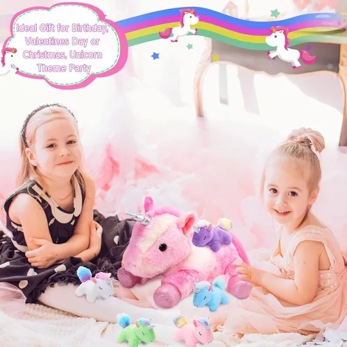 Vista 7 de Sumind Peluche de unicornio arcoíris para mamá con 5 lindos unicornios en su barriga para mamá, año de Navidad, regalos de cumpleaños