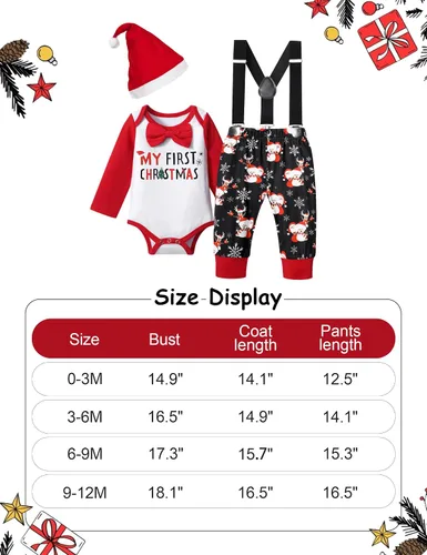 Vista 5 de WIQI Baby Boy Christmas Outfit 4PCS Newborn Romper Xmas Suspender Pants Santa Hat My First Christmas Baby Boy Outfits