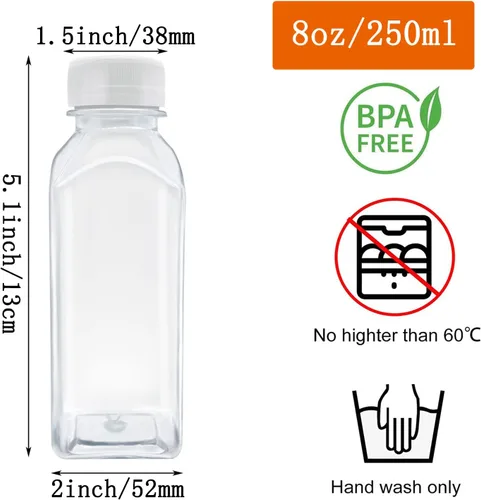 Vista 2 de 8 botellas de plástico para jugo de 8 onzas, botellas transparentes reutilizables, tapa blanca