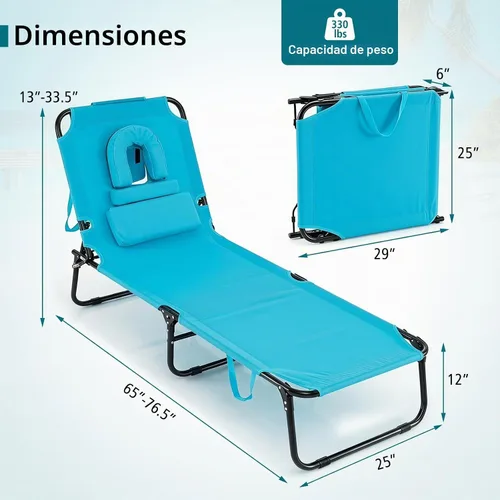 Vista 3 de GYMAX Silla de bronceado, silla de playa de 350 libras con agujero para la cara, almohada lavable y correa de transporte, tumbona plegable Ártico