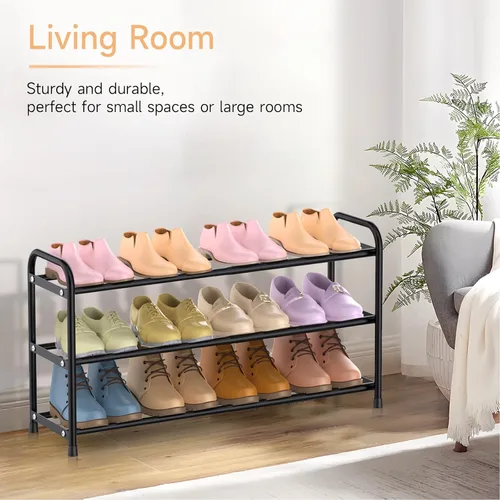 Vista 5 de Zapatero expandible de 3 niveles para el suelo del armario, organizador de zapatos pequeño ajustable de 16 a 30 pulgadas para entrada, puerta