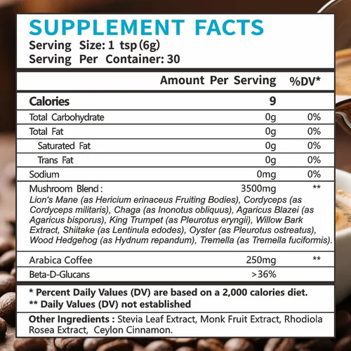 Vista 3 de Café de hongos, mezcla de polvo de extracto de hongos orgánico 10 melena de león, reishi, chaga, cordyceps, cola de pavo 30 porciones