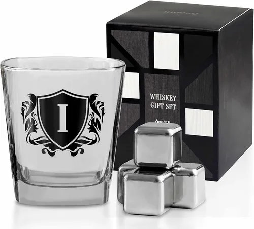 Vista 11 de Regalos de whisky para hombres, vaso de whisky con inicial personalizada con piedras de whisky para papá, novio, mejores amigos, compañeros
