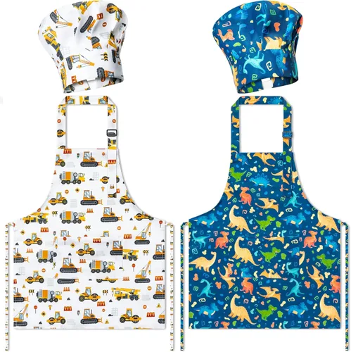 Vista 14 de Juego de 4 delantales y sombrero de chef para niños, regalo para niñas y niños, con palabras del alfabeto de animales, delantales ajustables
