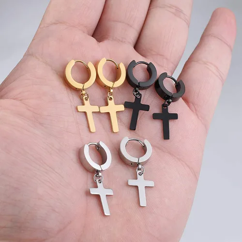 Vista 5 de Juego de aretes de cruz de acero inoxidable para hombres y mujeres, aretes colgantes con bisagras para hombres y mujeres, plata, oro, negro