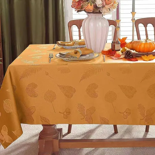 Vista 9 de SESTYBALE Mantel rectangular de Acción de Gracias, tela jacquard resistente y a prueba de derrames con hojas, diseño de hojas de albaricoque Ámbar