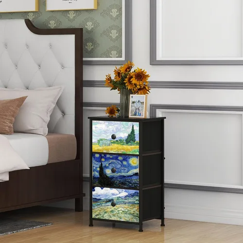 Vista 6 de Cómoda con 3 cajones Van Gogh, cómoda de cajones para dormitorio, mesa de noche estrecha, cómodas pequeñas y cofres de cajones para medio pasillo
