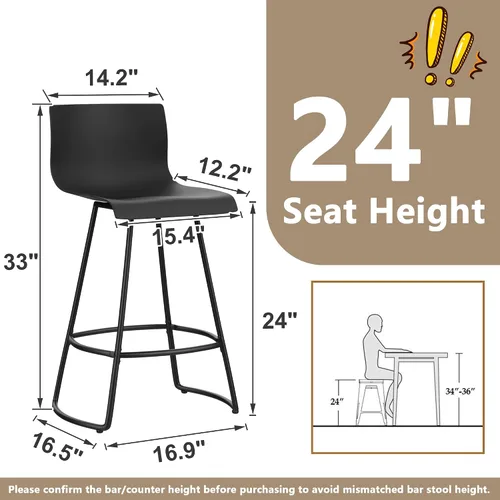 Vista 2 de WENTMENT Juego de 4 taburetes de bar giratorios de altura de mostrador con respaldo de 24 pulgadas con asiento de plástico, taburetes de bar