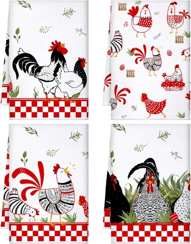 Vista 13 de Geyoga 4 toallas de cocina de pollo, gallo, toallas de mano con animales de granja, vaca, vintage, rústico, paño de té para primavera, Pascua, baño