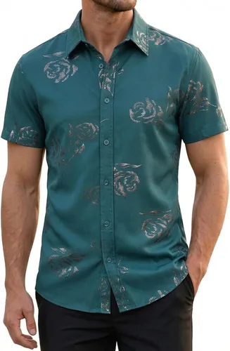 Vista 20 de ZEROYAA - Camisas de vestir de manga corta con estampado de rosa dorada para hombre, estilo hipster, calce ajustado, con botones