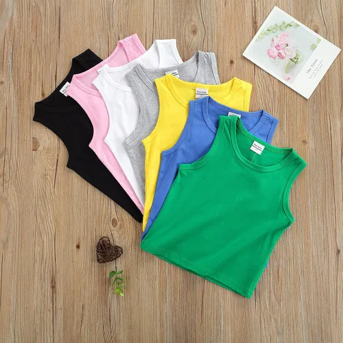 Vista 7 de Camiseta sin mangas para bebés y niñas, color liso, cuello redondo, básica, para niños pequeños, ropa de verano