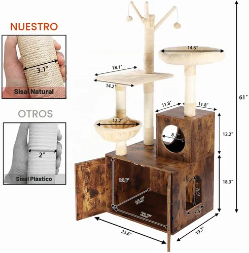 Vista 4 de Timberer Árbol para gatos con torre y caja de arena, refugio para gatos de madera 2-en-1 con poste de rascar de sisal, hamaca, marrón