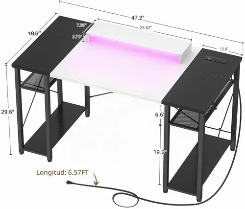 Vista 3 de Armocity Escritorio para computadora con luces LED, escritorio de 48 pulgadas con toma de corriente y USB, escritorio grande reversible con soporte