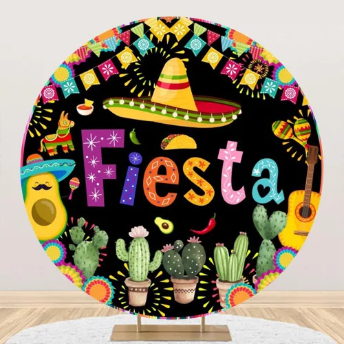 Vista 6 de Renaiss Cubierta de fondo redonda de 3 x 3 pies para fiesta mexicana de cumpleaños, temática de feliz cumpleaños, fotografía de fondo, banderas