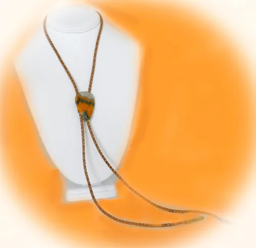 Vista 3 de Man's Triangular Bumble Bee Jasper Bolo Tie with Gold Metallic Cord and Gold-Plated Swirl Tips