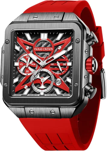 Vista 14 de Paras Crown Watches for Men Tonneau 5ATM Waterproof Quartz Luxury Chronograph Analog Men's Wrist Watches Stainless Steel Case Mens Watches Negro