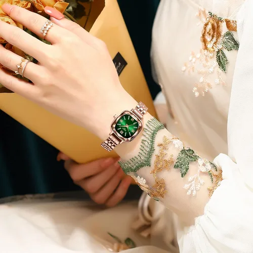 Vista 6 de NIBOSI Reloj analógico cuadrado con esfera verde para mujer, elegante reloj de pulsera con diamantes de oro rosa con correa de acero inoxidable