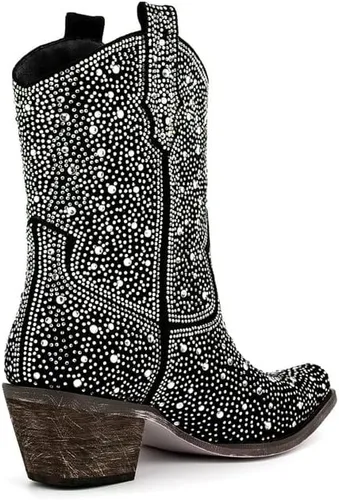 Vista 4 de sexytag Botas vaqueras brillantes con diamantes de imitación para mujer, tacón bajo y grueso, punta cuadrada, botines de meter