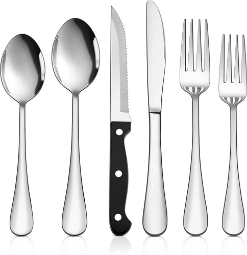 Vista 8 de HaWare Juego de cubiertos negros de 24 piezas con cuchillos para carne, juego de cubiertos de acero inoxidable, juego de cubiertos de grado