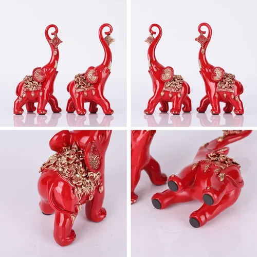 Vista 6 de Estatuas de elefante rojo para decoración del hogar, un par de estatuas de elefante de la suerte rojas y esculturas decorativas para la sala