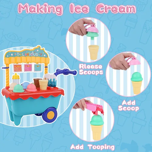 Vista 4 de Gifts2U Carrito de helado de juguete para niños, juego de 45 piezas de helado, tienda de juegos de simulación con carrito de almacenamiento