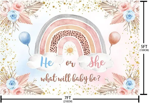 Vista 5 de Sendy Fondo bohemio de 7 x 5 pies para revelación de género, diseño de arco iris, decoración de fiesta de baby shower, anuncio de embarazo, pancarta