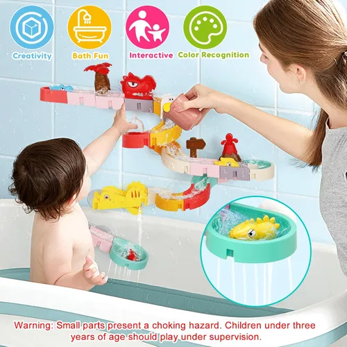 Vista 5 de Juguetes de Baño de Dinosaurios para Niños de 1-3 y 4-8 años, 43 PIEZAS Pistas de Toboganes de Agua DIY con 3 Bañeras de Baño para Niños Pequeños