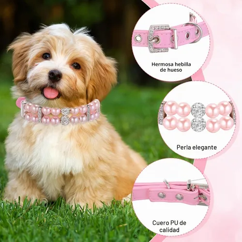 Vista 2 de Hicarer 2 Piezas Collares de Perlas Pequeños para Perros y Gatos y Juego de Collar de Perlas con Collar de Cuero PU Lindo para Mascotas con Cristal
