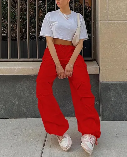 Vista 5 de Neyaolk Pantalones de paracaídas para mujer, pantalones cargo holgados para mujer, pantalones deportivos holgados Y2K de cintura baja y pierna ancha