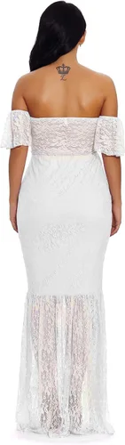 Vista 4 de ZIUMUDY Vestido largo para mujer, con hombros descubiertos, manga con volantes, encaje y sirena, para baby shower, vestido de fotografía