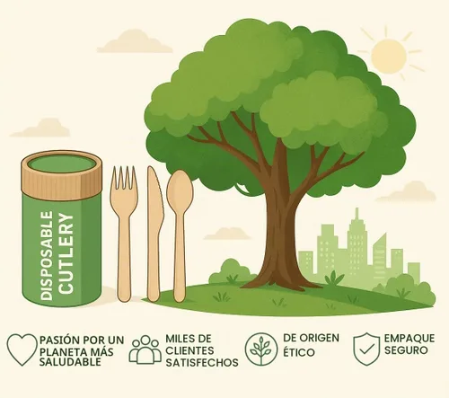 Vista 7 de Juego de cubiertos compostables de edición especial (150 piezas) – Juego de cubiertos de madera desechables – Alternativa al plástico, ecológico