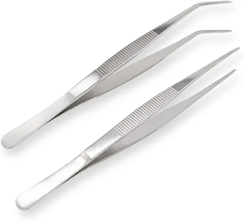 Vista 6 de Pinzas de acero inoxidable de 5 pulgadas con punta dentada recta y curvada, pinzas multiusos para reparación de manualidades, paquete de 2