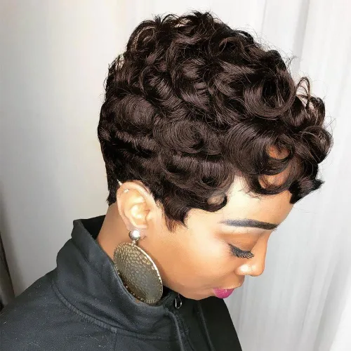 Vista 6 de Peluca de cabello humano con corte Pixie, pelucas cortas rizadas naturales para mujeres negras, pelucas de cabello humano corto marrón natural de 4