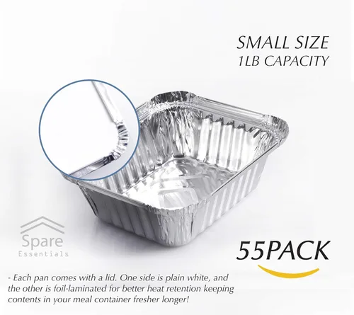 Vista 2 de Paquete de 55 - Bandejas Pequeñas de Papel Aluminio con Tapas - Recipientes de Comida para Llevar con Tapas 1lb Mini Bandejas de Aluminio Seguras
