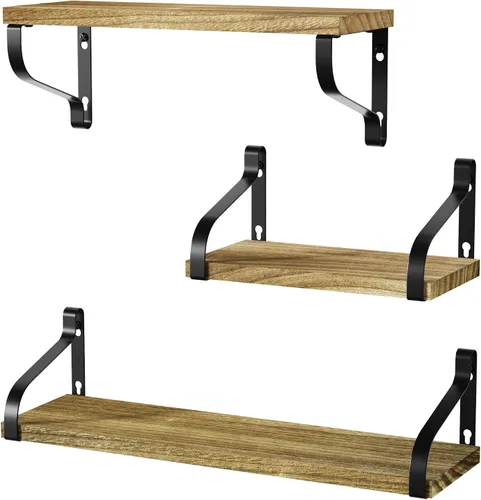 Vista 14 de Love-KANKEI Estantes flotantes montados en la pared de madera rústica, juego de 3 estantes para dormitorio, sala de estar, baño, cocina, color negro