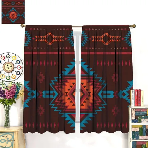 Vista 41 de Cortinas con patrón geométrico tribal, estilo suroeste, azteca, rústico, occidental, nativo americano, opacas, con bolsillo para barra, decoración