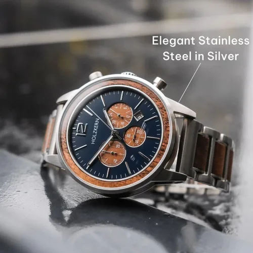 Vista 2 de HOLZKERN Oscar - Reloj para hombre, esfera azul de 1.654 pulgadas, acero inoxidable plateado y correa de madera de nogal, reloj casual para hombre
