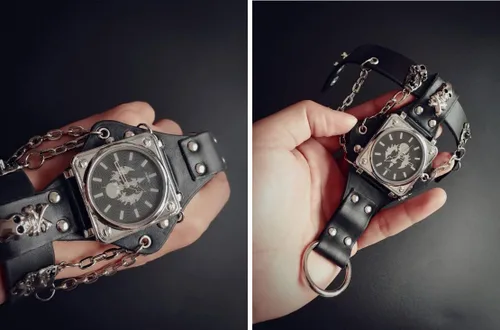 Vista 7 de Reloj de moda Hip-Hop Punk Skull para hombres y mujeres, reloj de pulsera de cuero ancho negro, estilo fresco, cadenas y guante de locomotora
