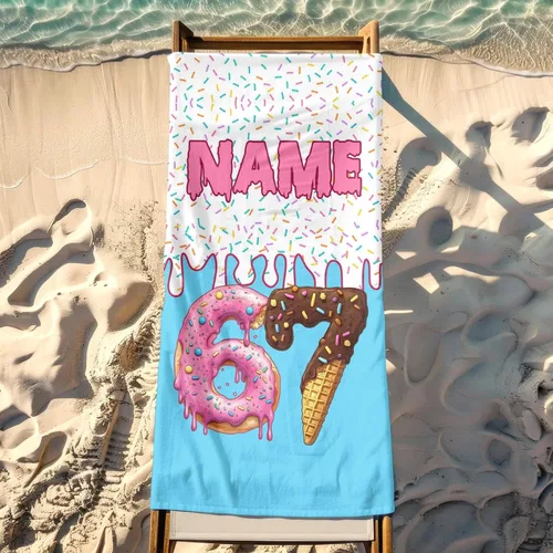 Vista 3 de Toalla de playa de béisbol personalizada con nombre, divertidas toallas de playa personalizadas de 67 memes para niños, toallas número seis siete
