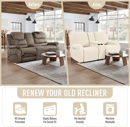 Vista 4 de TAOCOCO Funda reclinable para sofá biplaza con consola central, funda elástica para sofá reclinable de 2 asientos, fundas de sofá reclinable de Beige