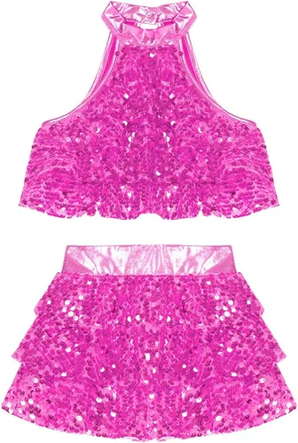 Vista 5 de Linjinx Conjunto de camiseta corta metálica de lentejuelas con falda para niñas y niñas, trajes de baile latino de jazz, 2 piezas, disfraz de baile