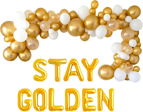 Vista 2 de 100% LIKED - Banner y guirnalda de globos dorados con texto en inglés "Stay Gold", suministros de fiesta de chicas doradas, decoraciones de fiesta