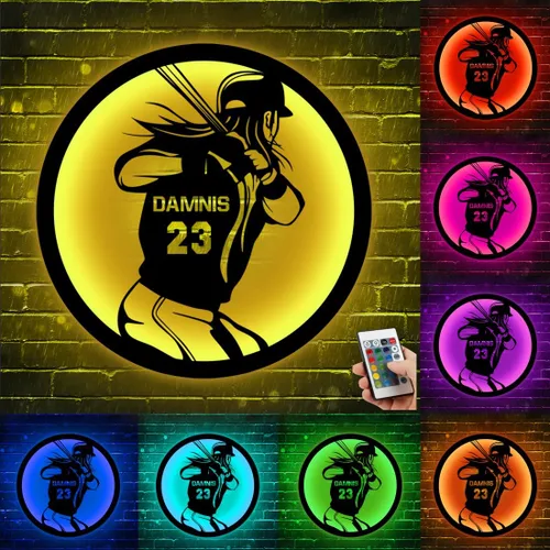 Vista 8 de Letrero de metal personalizado para jugador de sóftbol con luz LED, nombre y número personalizado, arte de pared de sóftbol, letrero de neón