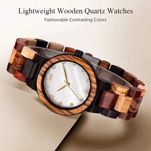 Vista 3 de RORIOS Relojes de madera para mujer, relojes de madera coloridos, relojes de madera naturales, casuales, relojes de moda con diamantes de imitación
